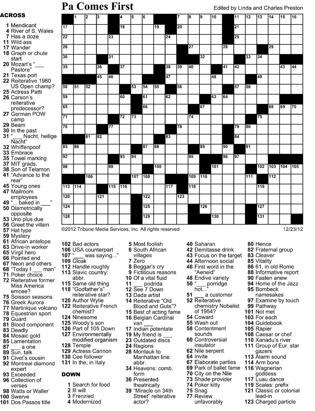 Free Printable Crossword Puzzles Washington Post