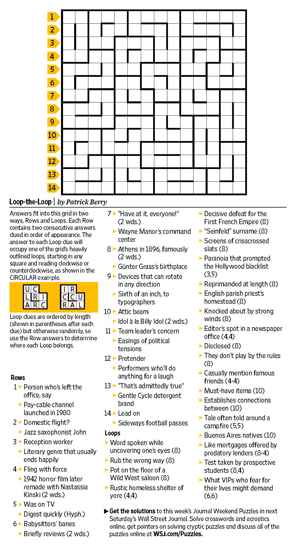 Loop The Loop Saturday Puzzle Feb 4 WSJ Puzzles WSJ