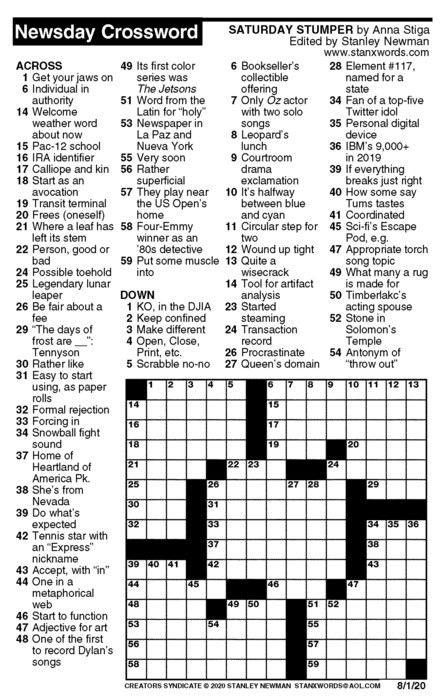 Newsday Crossword Puzzle For Aug 01 2020 By Stanley Newman Creators 