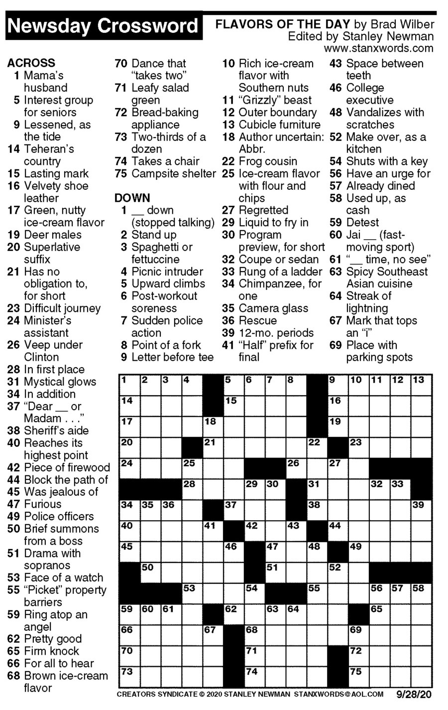 Newsday Crossword Puzzle For Sep 28 2020 By Stanley Newman Creators 