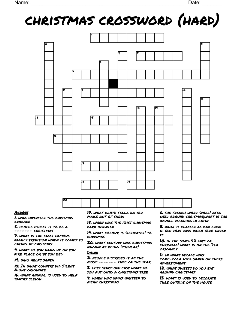 Christmas Crossword (Hard) - Wordmint for Christmas Crossword Puzzles Hard