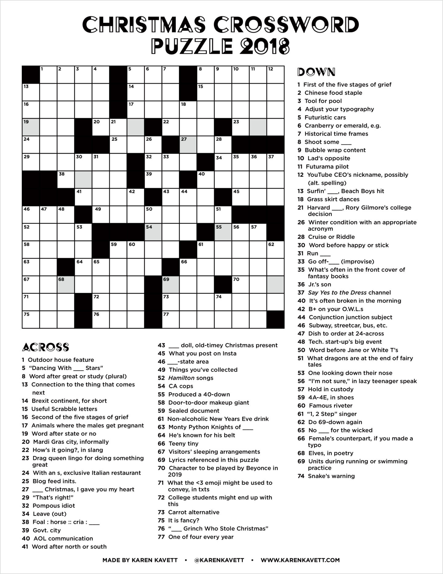 Christmas Crossword Puzzle 2018 - Karen Kavett pertaining to Christmas Crossword Puzzles With Answers