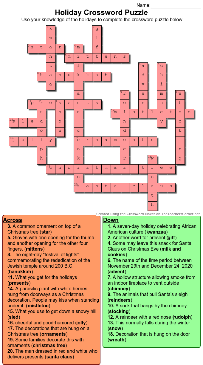 Eastside | Holiday Crossword Puzzle in Online Christmas Crossword Puzzles