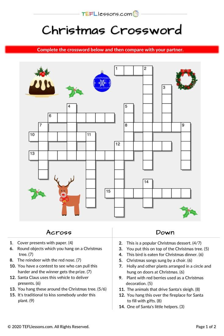 Free Christmas Crossword For Esl Classes + Fillable Version For in Christmas Crossword Puzzles Online