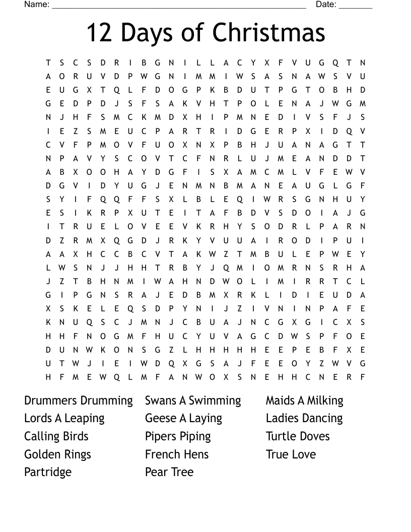 Twelve Days Of Christmas Word Search - Wordmint intended for 12 Days Of Christmas Crossword Puzzles