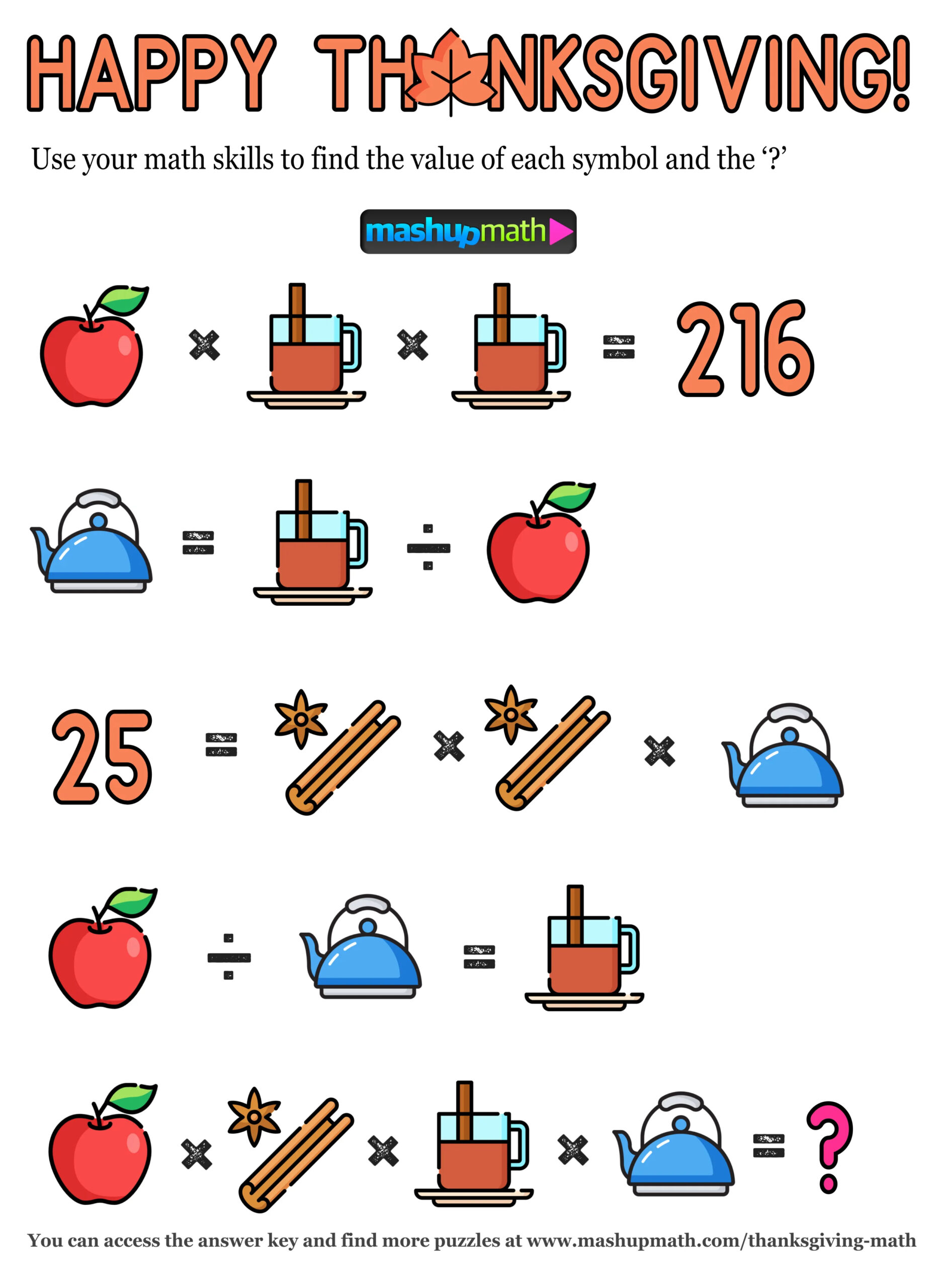12 Thanksgiving Math Activities For Grades 1-8 — Mashup Math for Thanksgiving Math Puzzles Printable