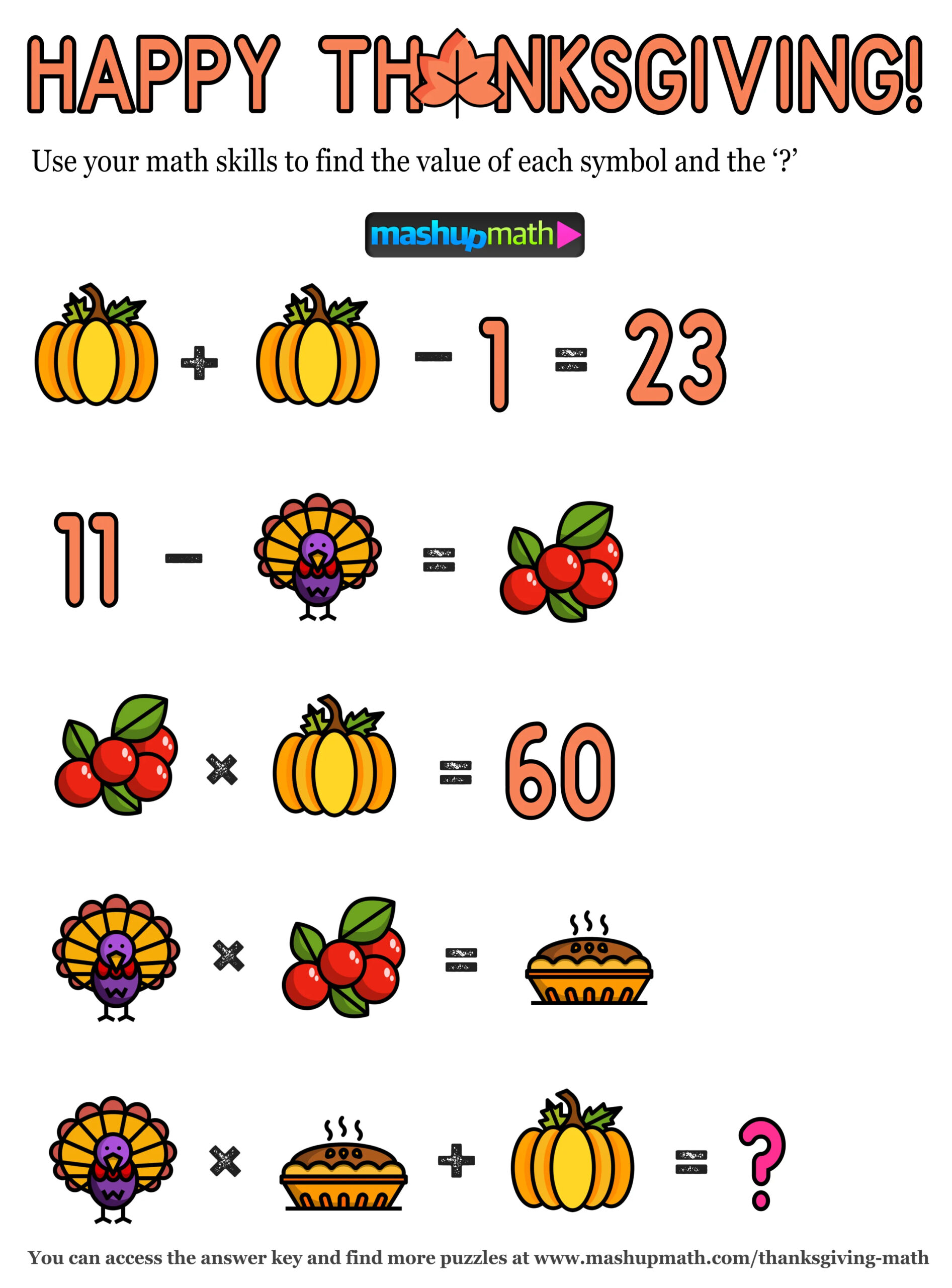 12 Thanksgiving Math Activities For Grades 1-8 — Mashup Math inside Math Puzzles Thanksgiving