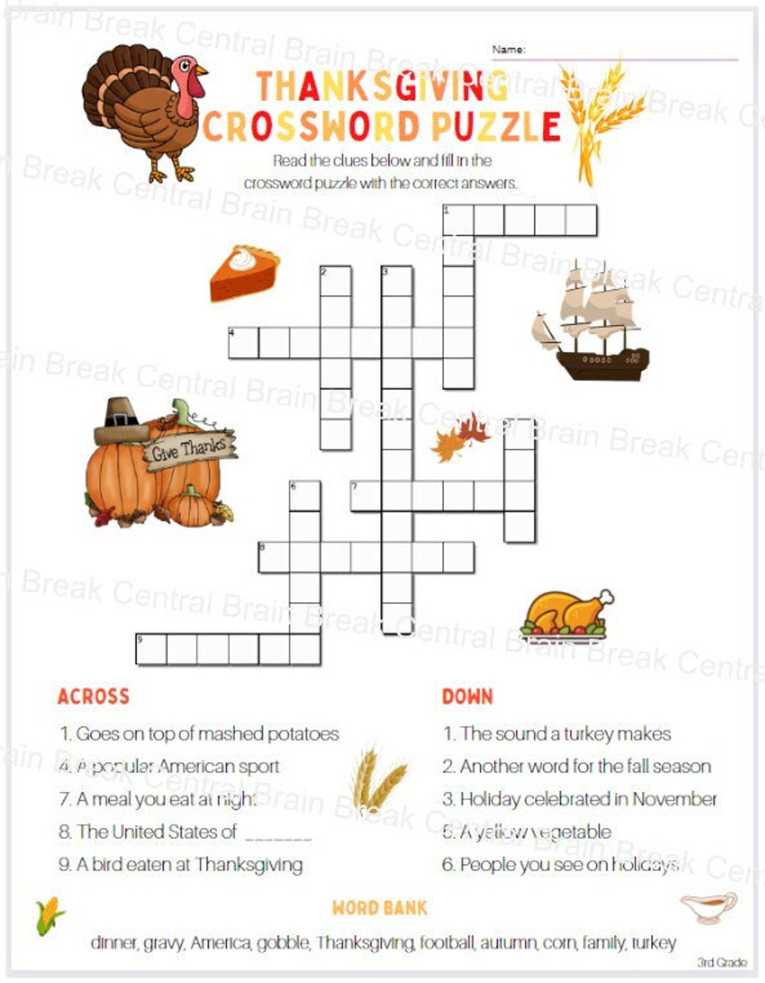 3Rd Grade Thanksgiving Crossword Puzzle With Word Bank And Answer with Thanksgiving Crossword Puzzle With Word Bank