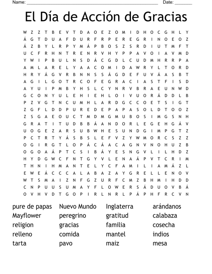 Spanish Thanksgiving Crossword Puzzle Answers