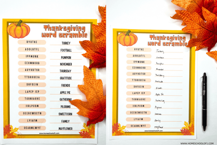 Puzzles to Print Thanksgiving Word Scramble Answers