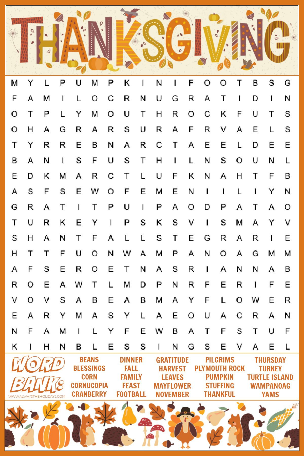 Free Thanksgiving Word Search Printable - With Answers Included in Adult Thanksgiving Puzzles