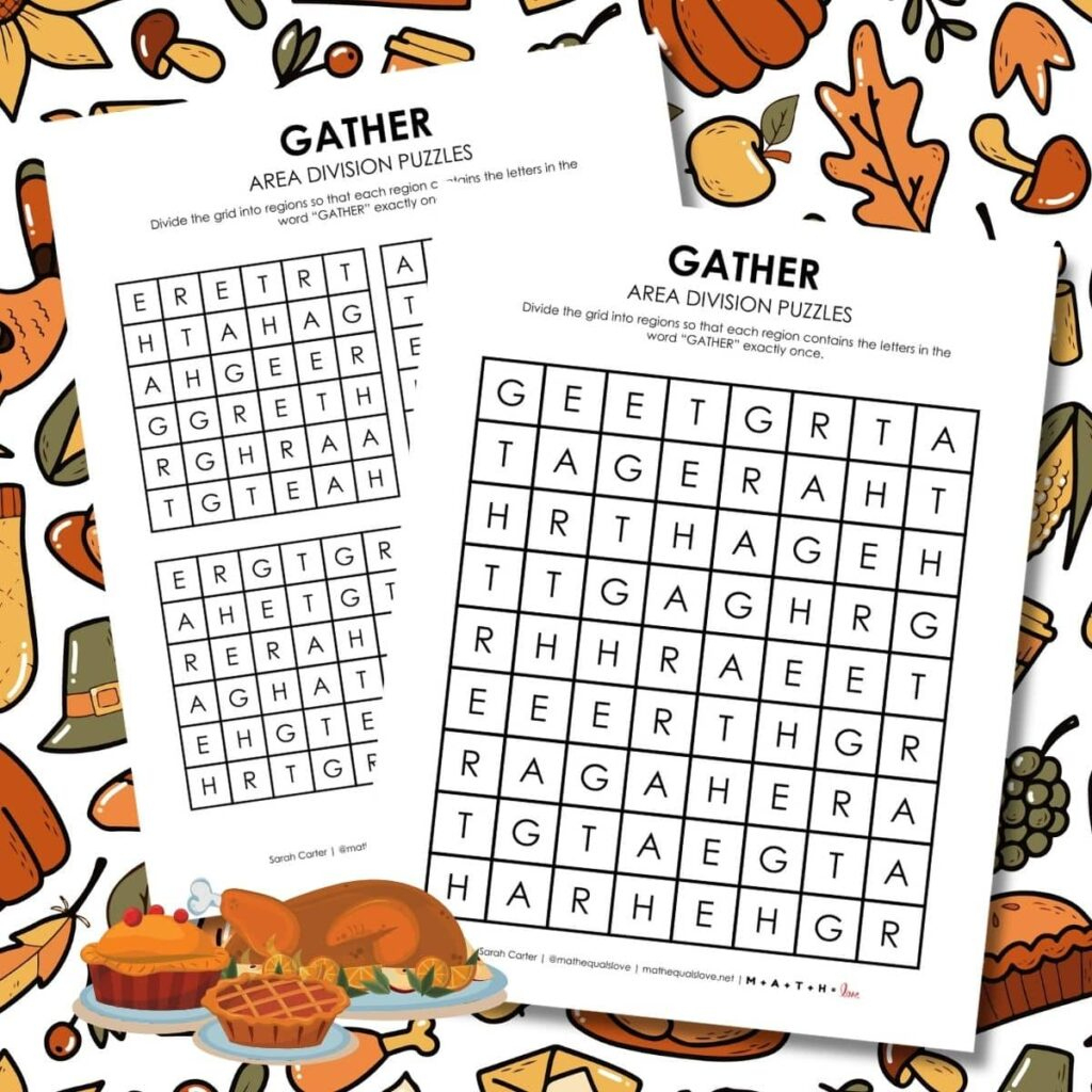 Gather Area Division Logic Puzzles | Math = Love throughout Free Thanksgiving Logic Puzzle