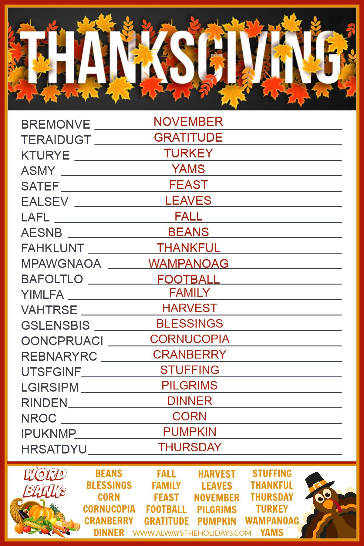 Get A Free Printable Thanksgiving Word Scramble With Answers regarding Puzzles To Print Thanksgiving Word Scramble Answers