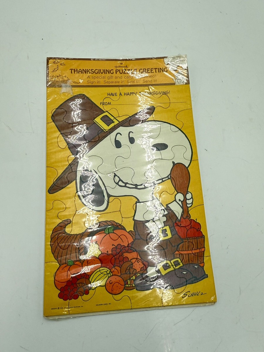 Hallmark Greeting Card Puzzle Happy Thanksgiving 1958 Snoopy with Snoopy Thanksgiving Puzzle