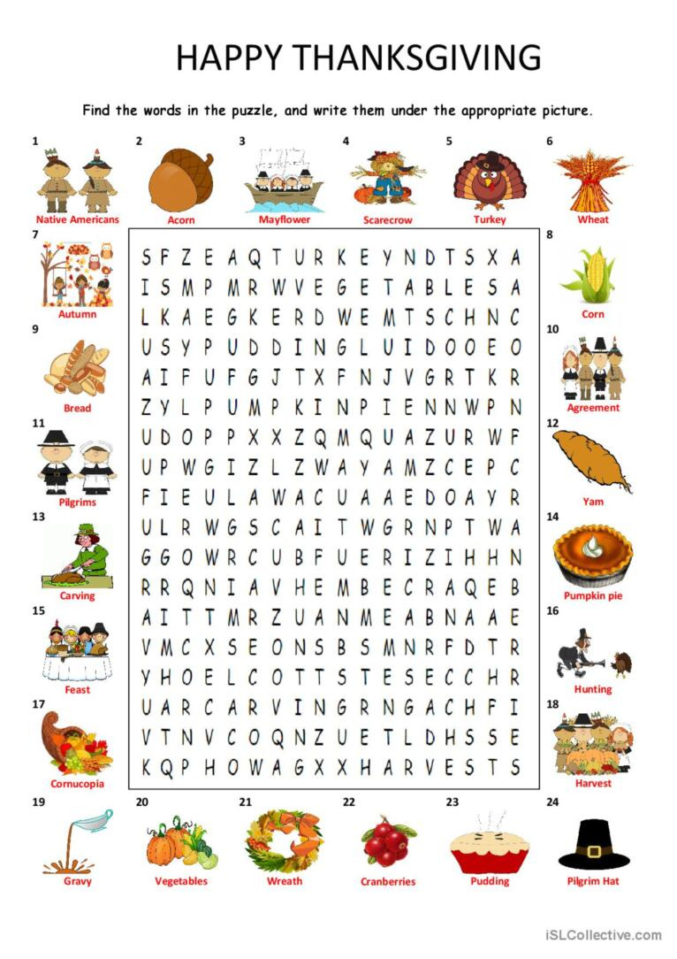 Happy Thanksgiving - Wordsearch Puzz…: English Esl Worksheets Pdf inside Happy Thanksgiving Puzzle