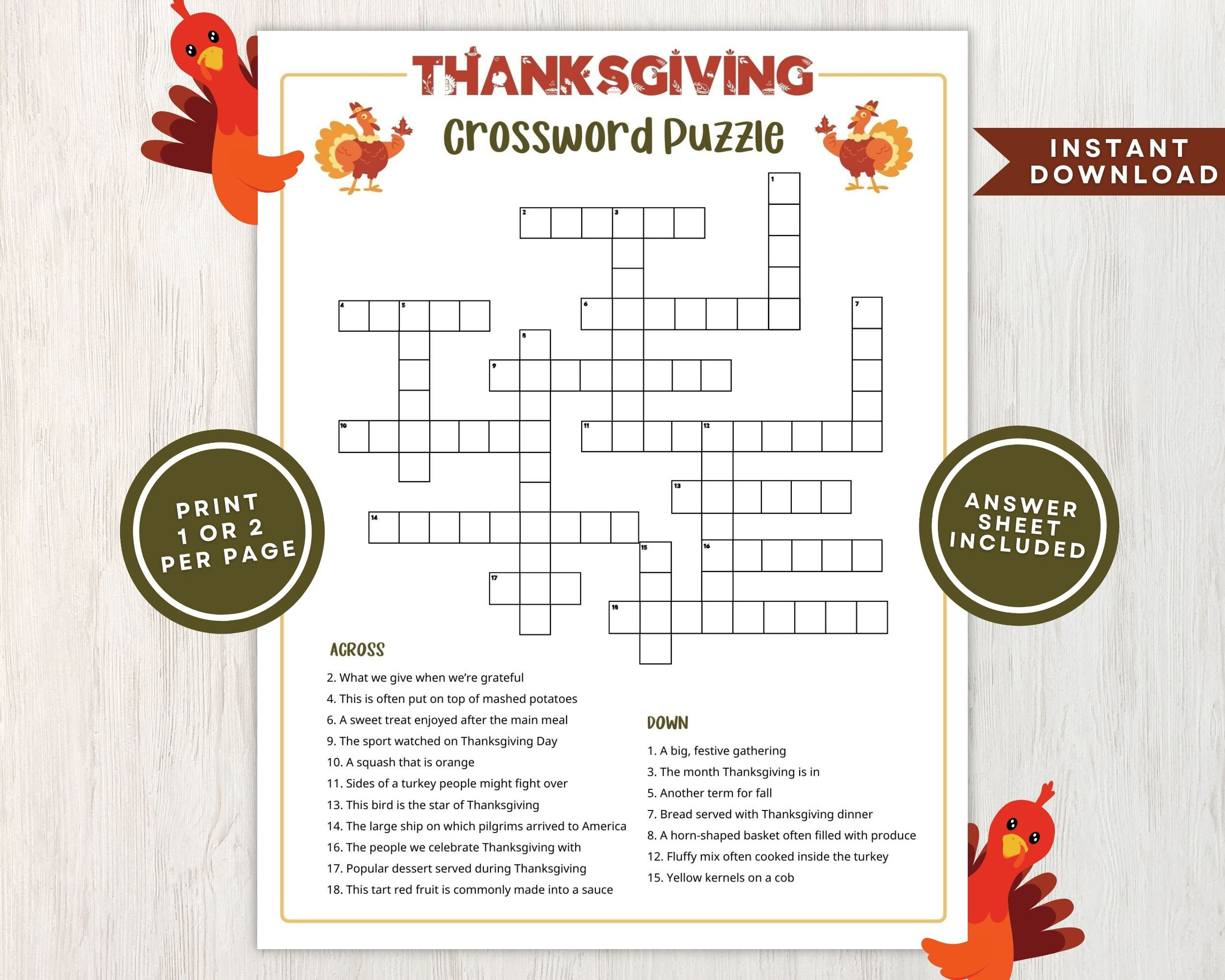Printable Thanksgiving Crossword Puzzle For Kids And Adults regarding Printable Thanksgiving Puzzles