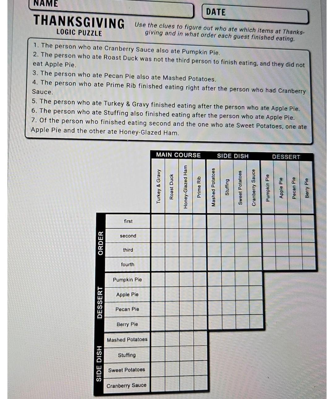 Solved Thanksgiving Logic Puzzle Use The Clues To Figure Out pertaining to Thanksgiving Logic Puzzle Answer Key