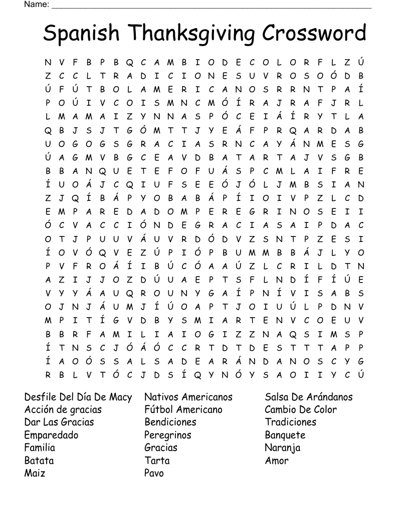 Spanish Thanksgiving Crossword Word Search - Wordmint within Spanish Thanksgiving Crossword Puzzle Answers