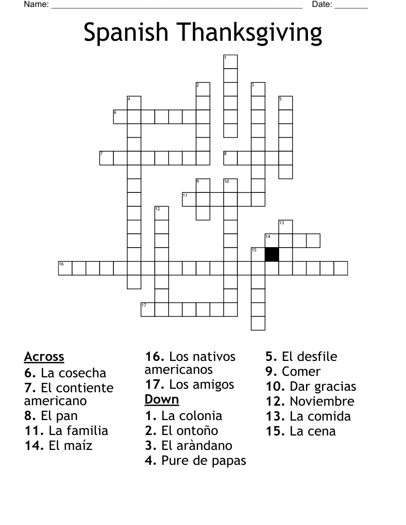 Spanish Thanksgiving Crossword - Wordmint for Spanish Thanksgiving Crossword Puzzle