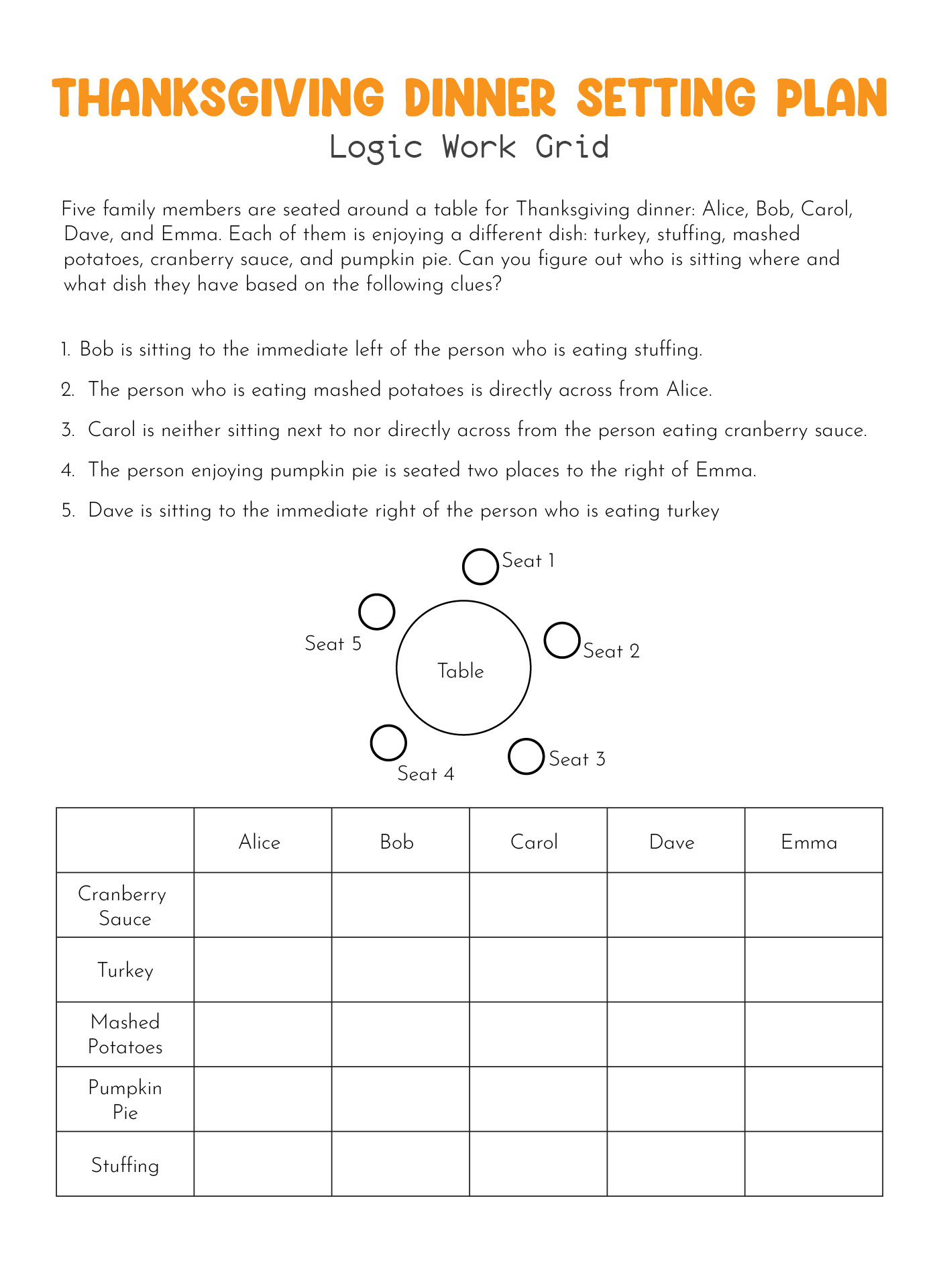 Thanksgiving Brain Teasers - 14 Free Pdf Printables | Printablee pertaining to Thanksgiving Dinner Logic Grid Puzzle