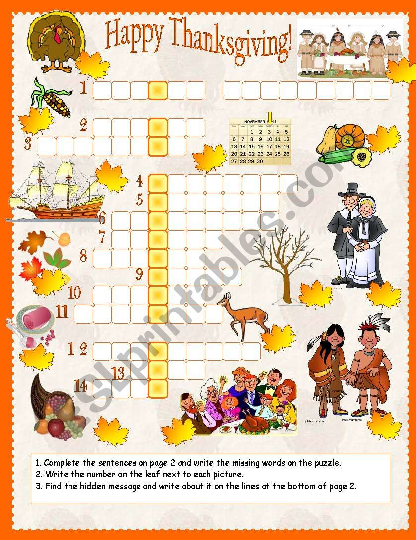 Thanksgiving Crossword - Esl Worksheetanna P with regard to Happy Thanksgiving Crossword Puzzle Answers