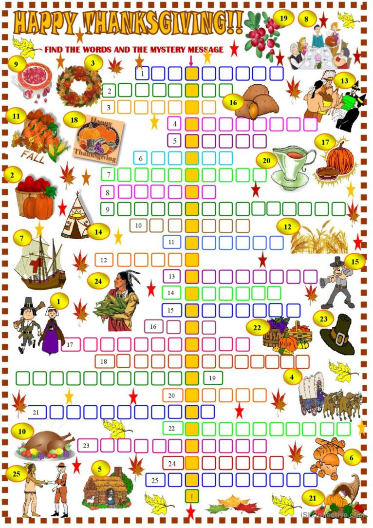 Thanksgiving: Crossword Puzzl…: English Esl Worksheets Pdf &amp;amp; Doc pertaining to Esl Thanksgiving Crossword Puzzle