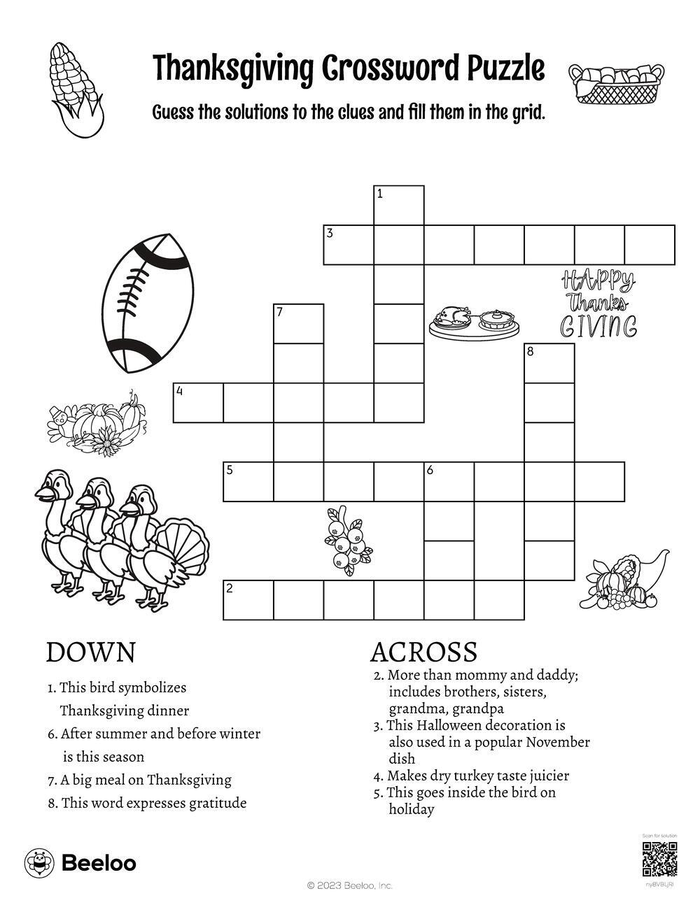 Thanksgiving Crossword Puzzle • Beeloo Printable Crafts And within Happy Thanksgiving Crossword Puzzles