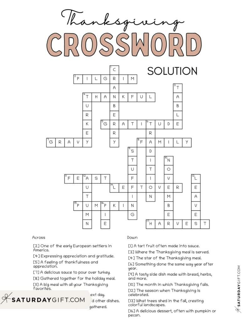 Thanksgiving Crossword Puzzle - Cute &amp;amp; Free Printable | Saturdaygift for Free Printable Thanksgiving Crossword Puzzle