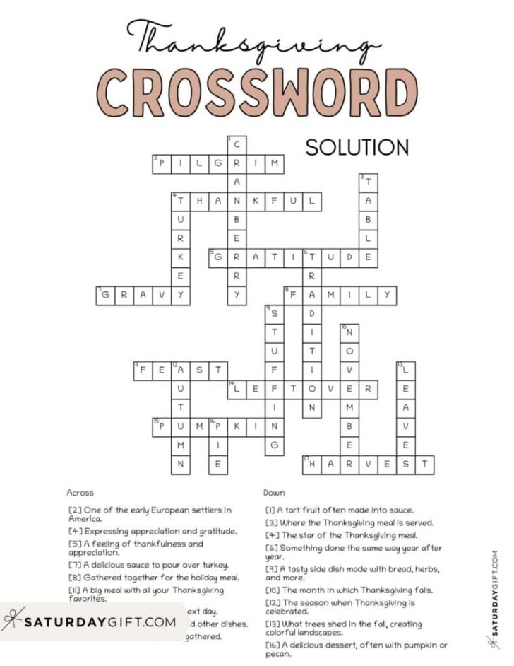 Thanksgiving Crossword Puzzle For Adults
