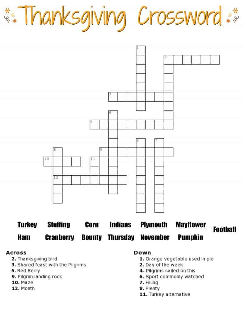 Thanksgiving Crossword Puzzle Free Printable For Kids Or Adults pertaining to Thanksgiving Crossword Puzzle With Word Bank