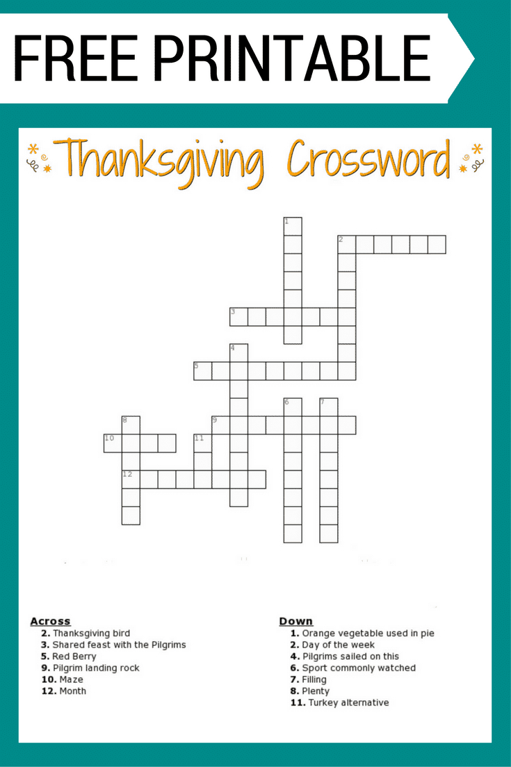 Thanksgiving Crossword Puzzle Free Printable For Kids Or Adults throughout Thanksgiving Crossword Puzzle With Word Bank