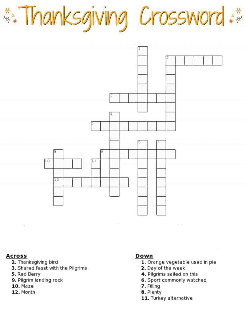 Thanksgiving Crossword Puzzle Free Printable For Kids Or Adults throughout Thanksgiving Word Crossword Puzzle