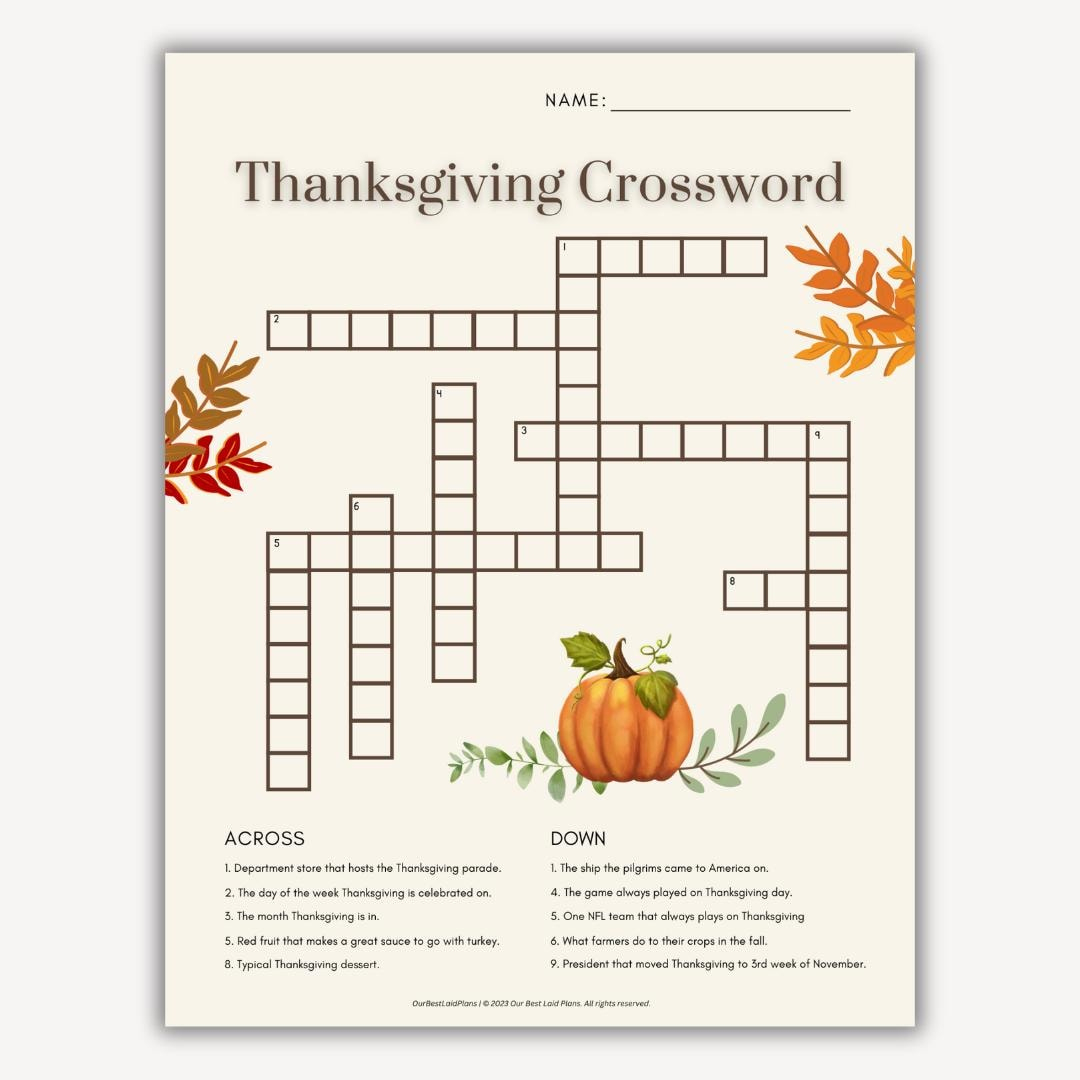 Thanksgiving Crossword Puzzle, Thanksgiving Crossword Printable intended for Thanksgiving Day Crossword Puzzle