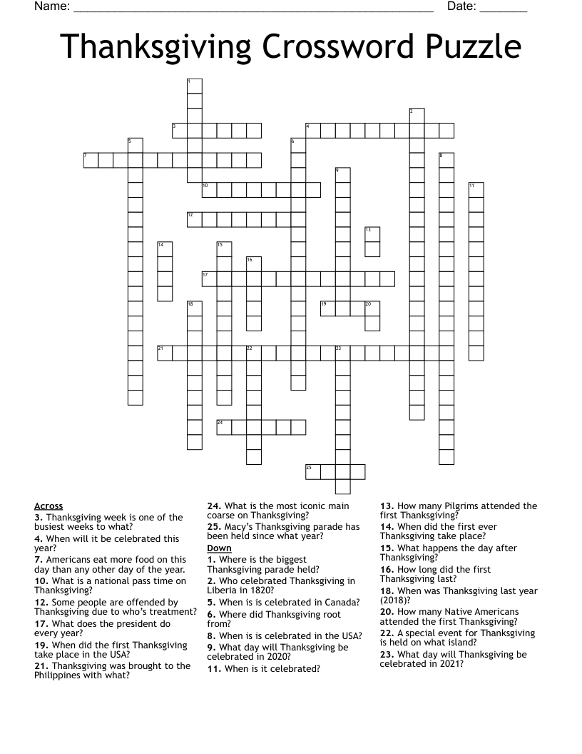 Thanksgiving Crossword Puzzle - Wordmint with regard to The First Thanksgiving Crossword Puzzle