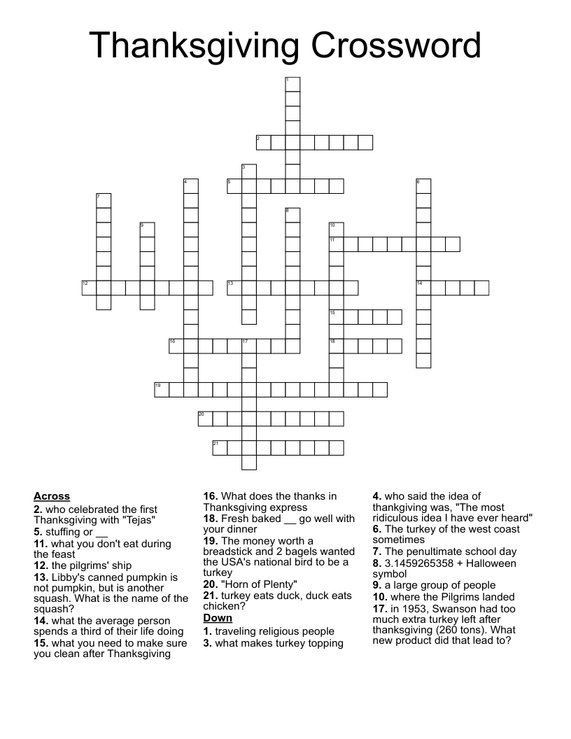 Thanksgiving Crossword - Wordmint in Answer Key Thanksgiving Crossword Puzzle Answers