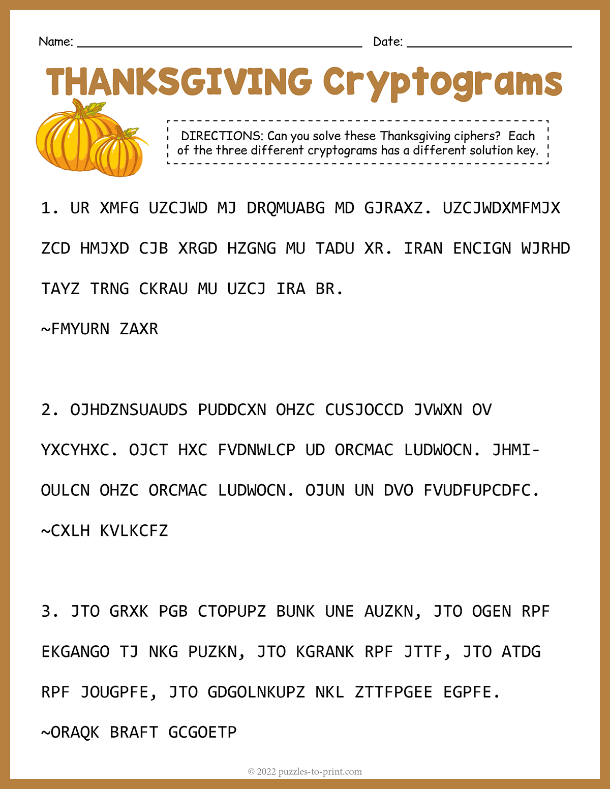 Thanksgiving Cryptograms regarding Thanksgiving Secret Message Puzzle Answer Key