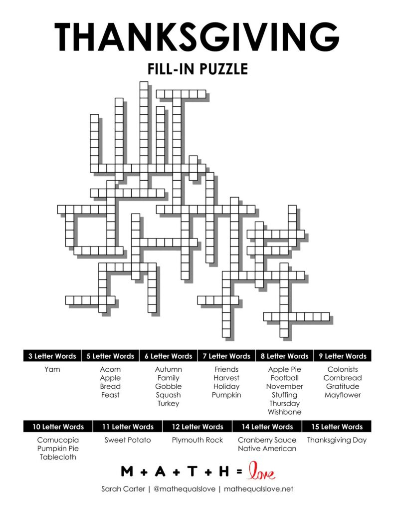 Thanksgiving Fill-In Word Puzzle | Math = Love pertaining to Thanksgiving Cross Number Puzzle Answers