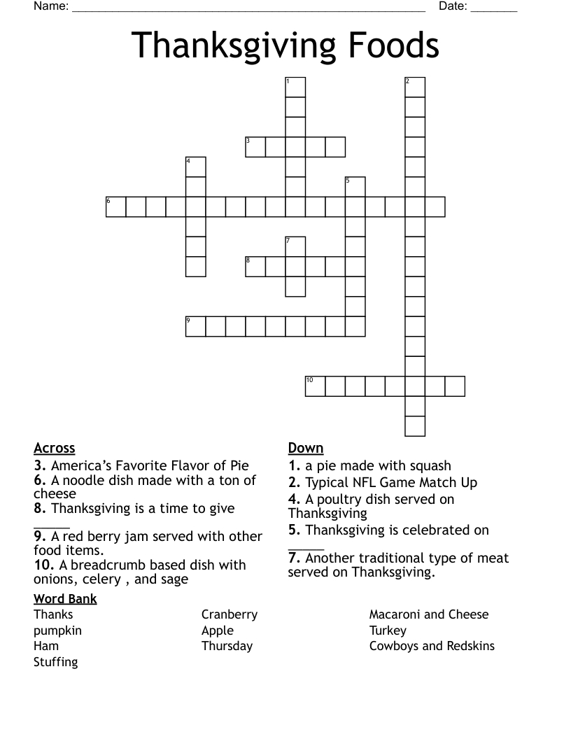 Thanksgiving Foods Crossword - Wordmint with First Thanksgiving Foods Crossword Puzzle Answer Key