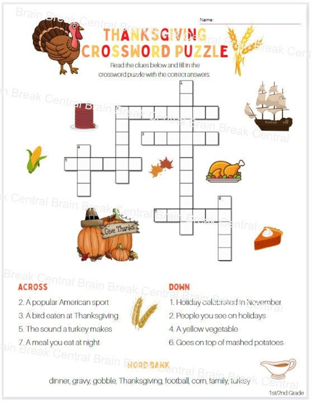Thanksgiving-Kreuzworträtsel Der Ersten Klasse Mit Wortbank Und intended for The First Thanksgiving Crossword Puzzle Answer Key