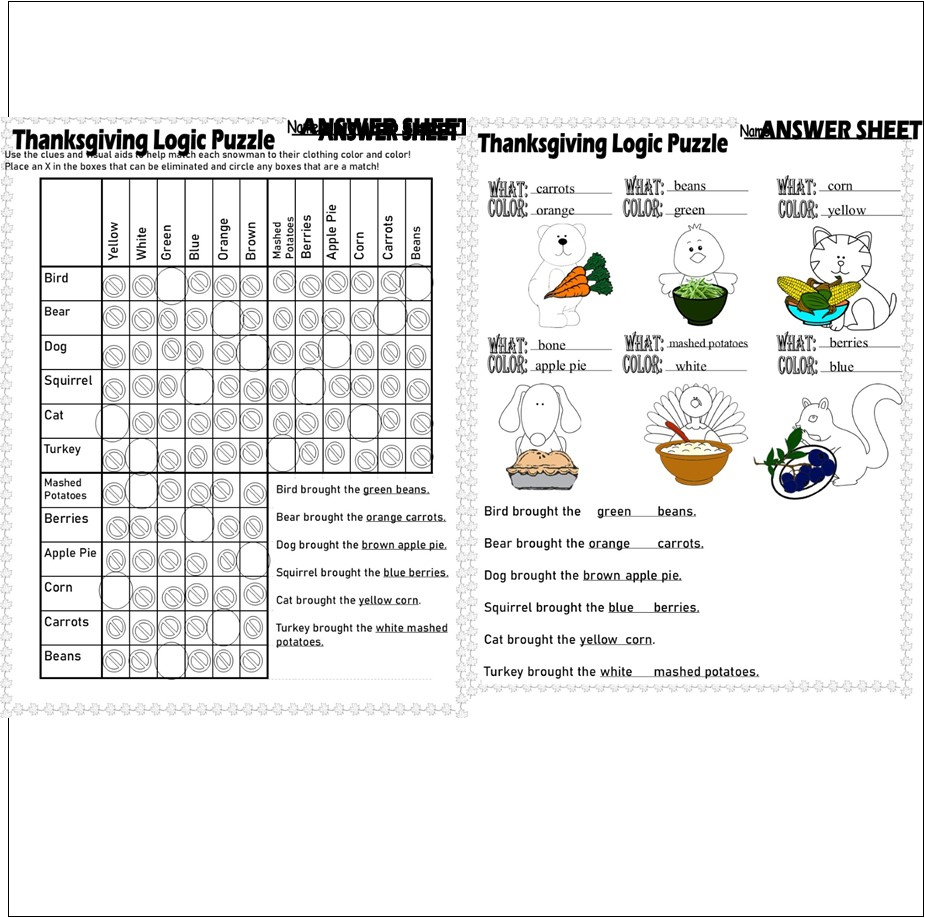 Thanksgiving Logic Puzzle Critical Thinking Skills Graph Visuals inside Thanksgiving Logic Puzzle Printables