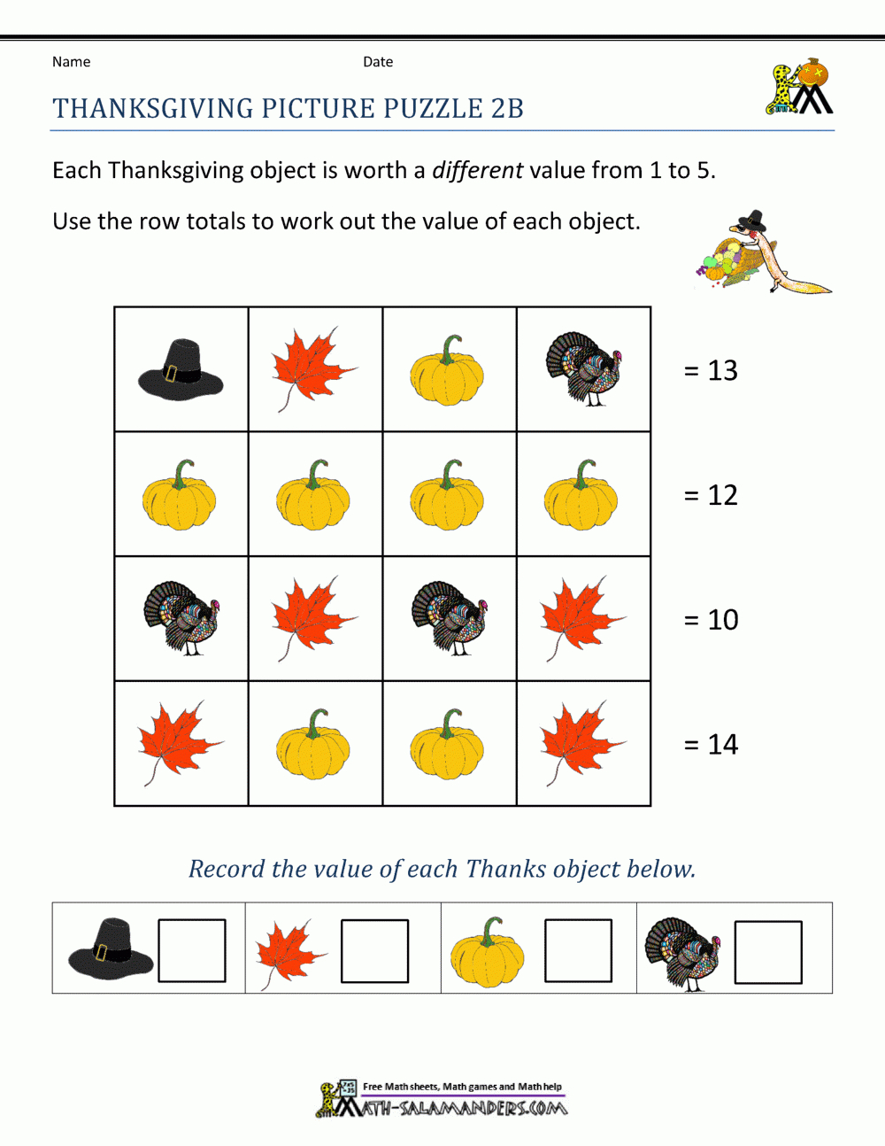 Thanksgiving Math Worksheets 2Nd Grade with Thanksgiving Math Puzzle