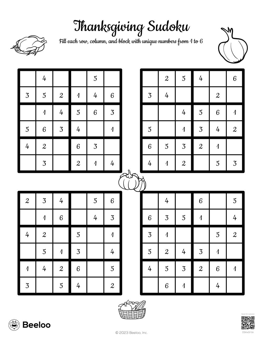 Thanksgiving Sudoku • Beeloo Printable Crafts And Activities For Kids for Thanksgiving Sudoku Puzzle