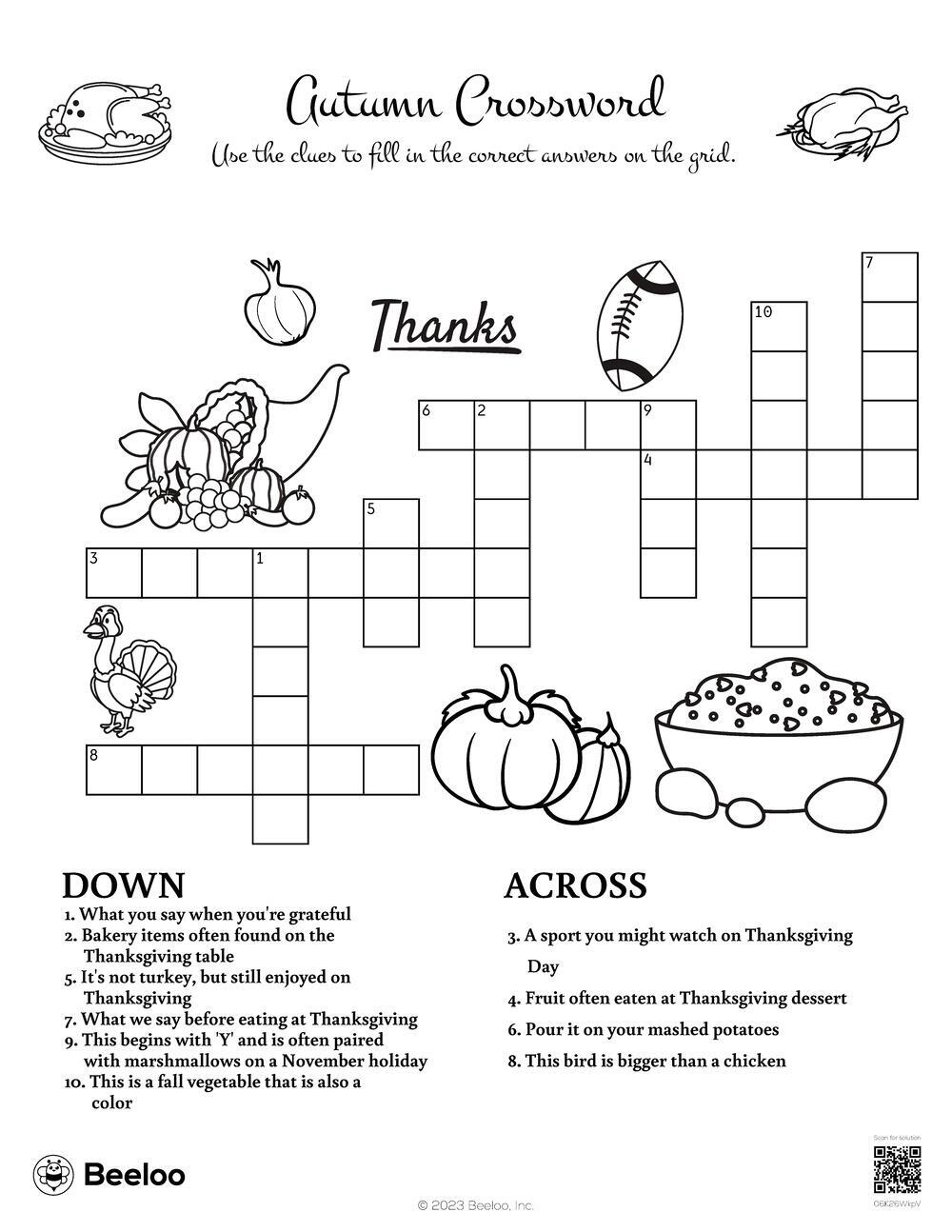 Thanksgiving-Themed Crossword Puzzles • Beeloo Printable Crafts in Thanksgiving Themed Crossword Puzzle