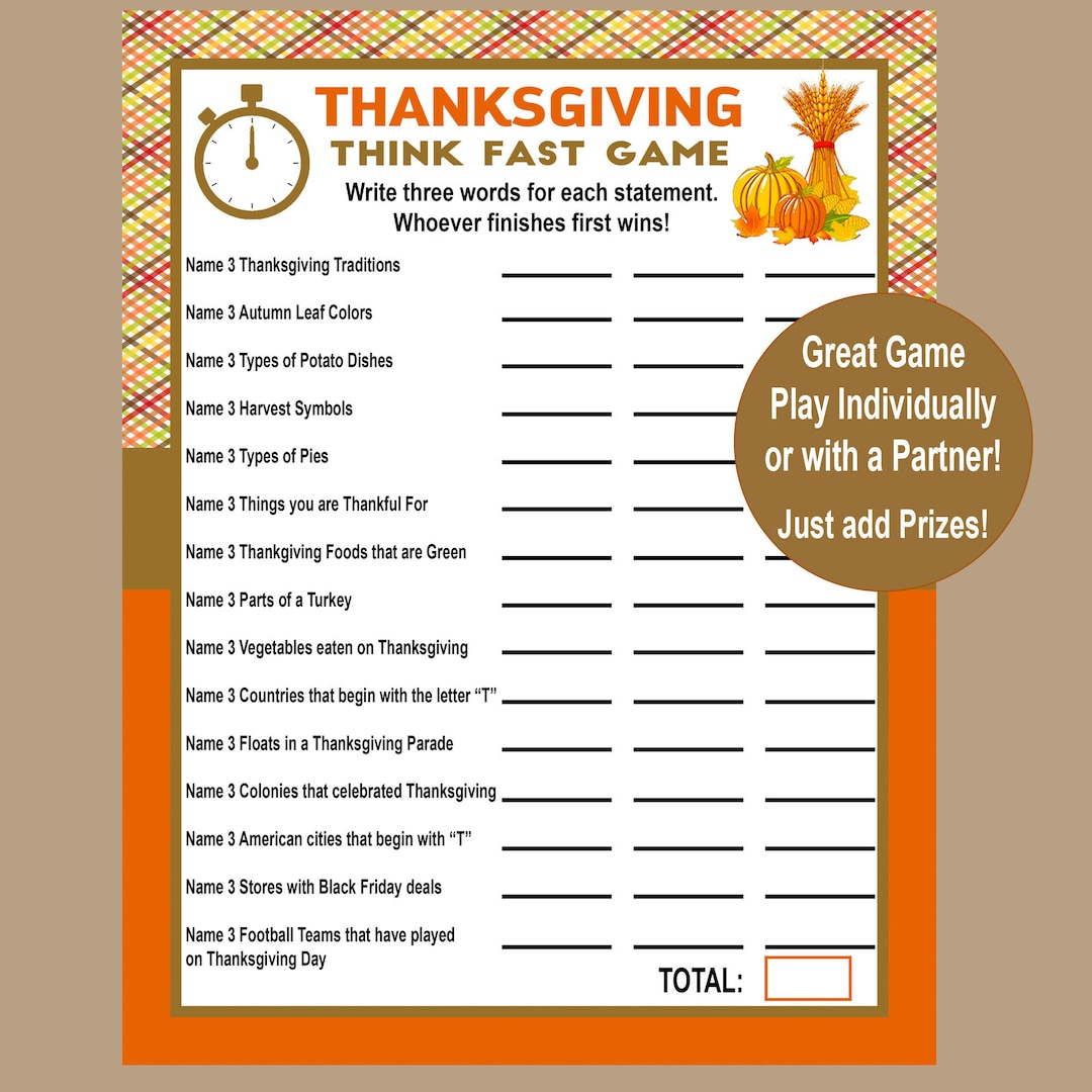 Thanksgiving Trivia Game, Think Fast Game, Thanksgiving Printable intended for Thanksgiving Printable Games and Puzzles
