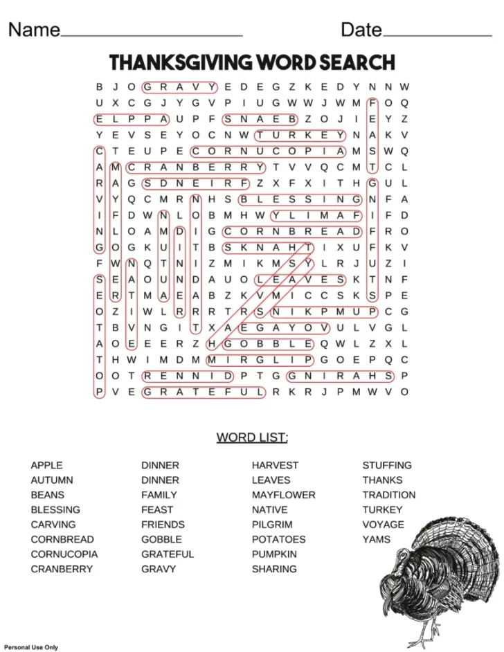 Thanksgiving Day Word Search 2022 Puzzles to Print Answer Key