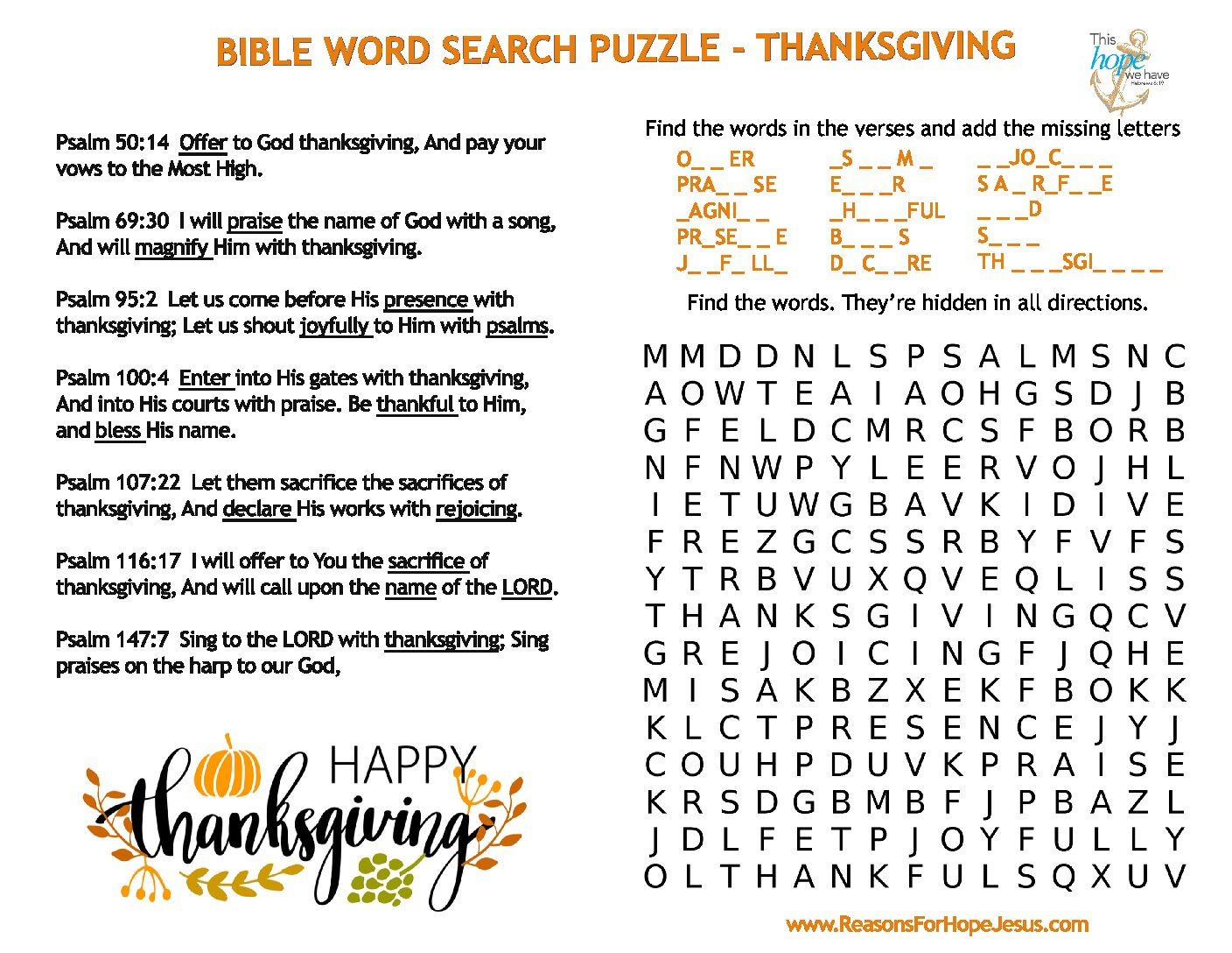 Thanksgiving Word Search Puzzle » Reasons For Hope* Jesus with regard to Psalms of Thanksgiving Crossword Puzzle