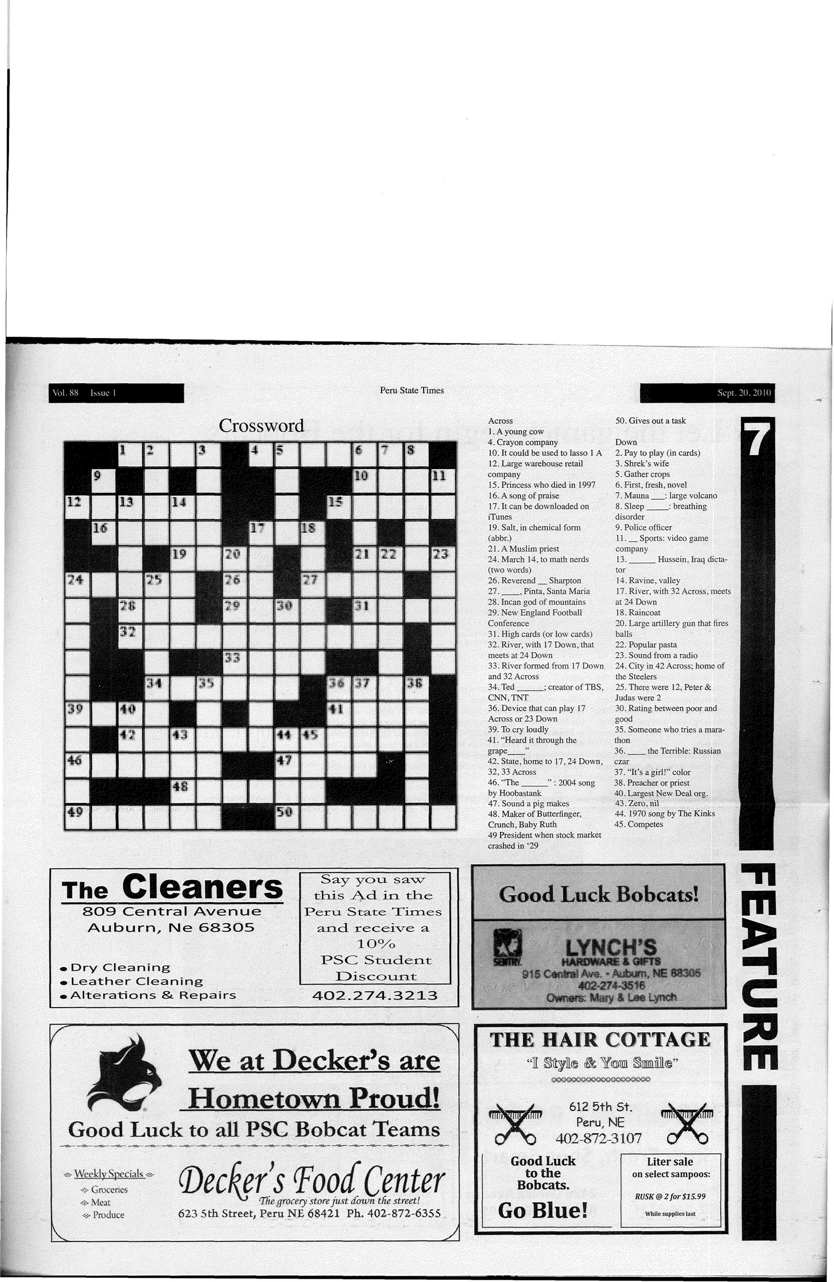 2010-2011 Peru State Times (Peru, Ne) - Issues 1-8Peru State in Emmet Band Christmas Daily Themed Crossword