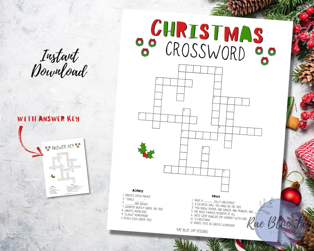 Christmas Crossword Puzzle Printable, Instant Download Kids with Christmas Display Crossword Clue