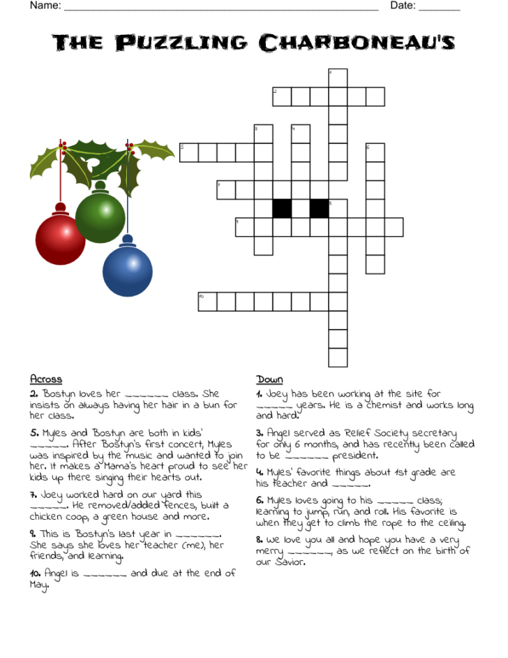 Sing a Song Christmas Crossword Puzzle