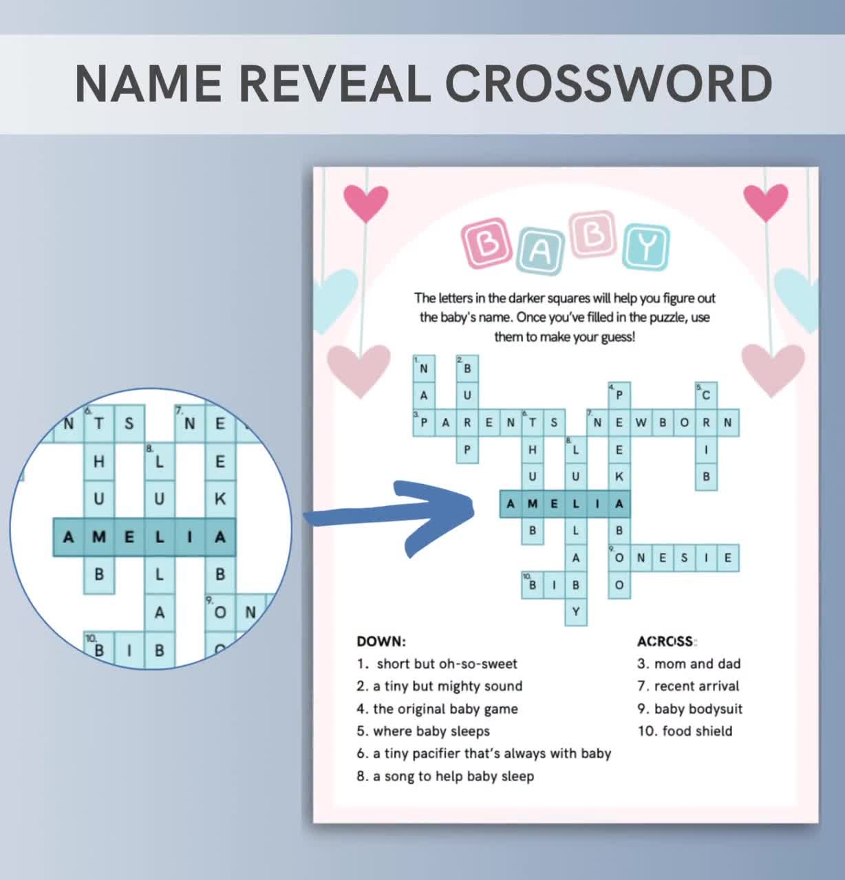customized name reveal crossword game name announcement personalized name reveal game blue and pink baby shower games within christmas dinner centerpiece crossword 3 letters Customized Name Reveal Crossword Game | Name Announcement | Personalized Name Reveal Game | Blue And Pink Baby Shower Games within Christmas Dinner Centerpiece Crossword 3 Letters